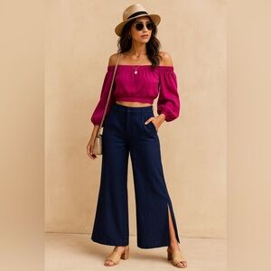Boston Proper Linen Navy Wide-Leg Pants